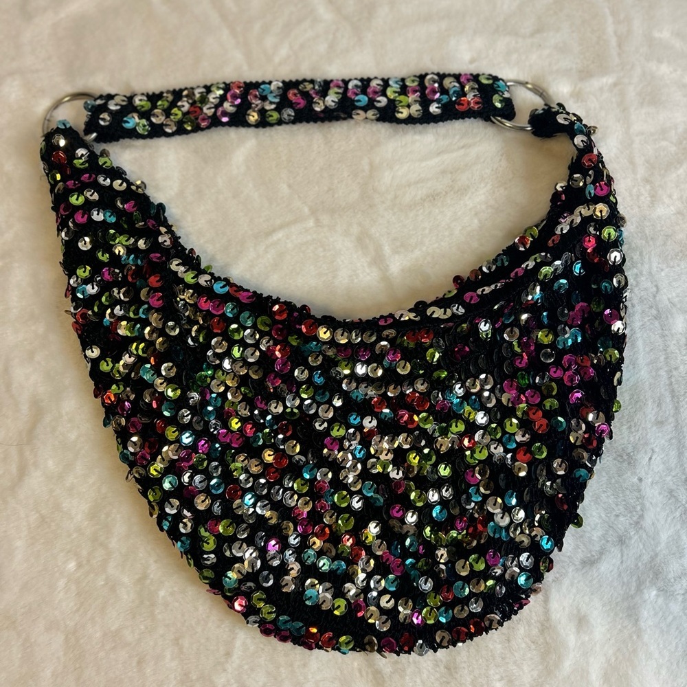 Vintage Y2K Sequin Shoulder bag black multicolor sparkle mini purse party bag - Picture 5 of 8